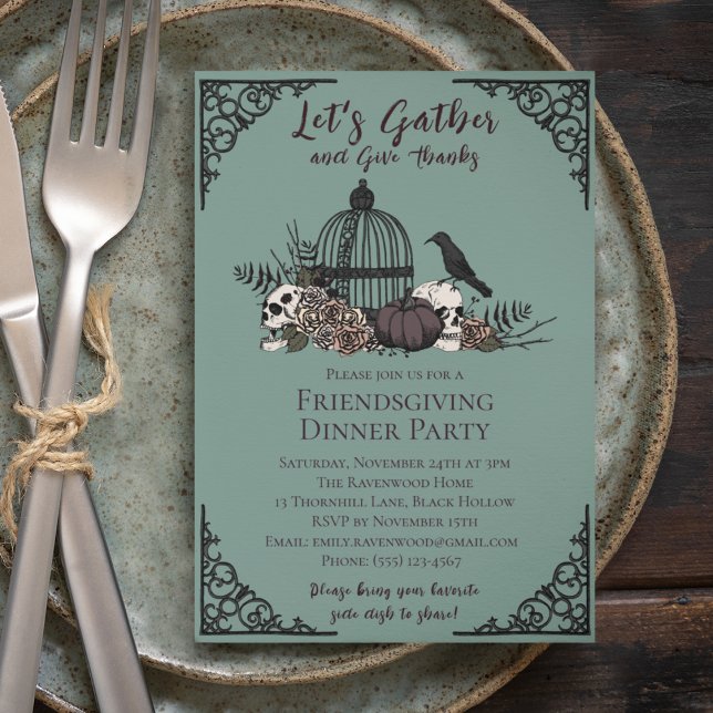 Convite Capacidades e Rosas Góticos dão amizade aos Obriga (Gothic Friendsgiving Dinner Teal Invite. Hand-Drawn Skulls, Roses, Birdcage, Pumpkin & Fall Leaves)