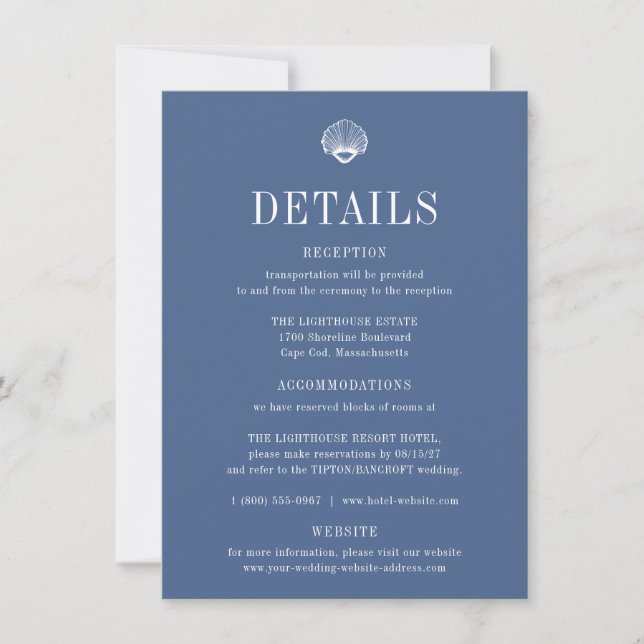 Convite CAPE COD Coastal Blue Wedding Details Card (Frente)
