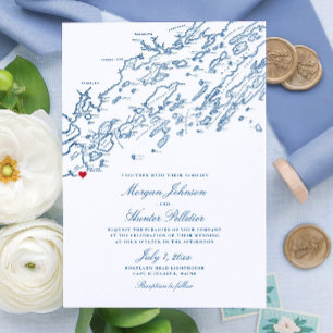 Convite Cape Elizabeth Maine Casamento Mapa Azul Marinho E