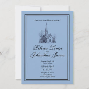 Convite Capela da Igreja Azul Empoeirada Casamento Minimal