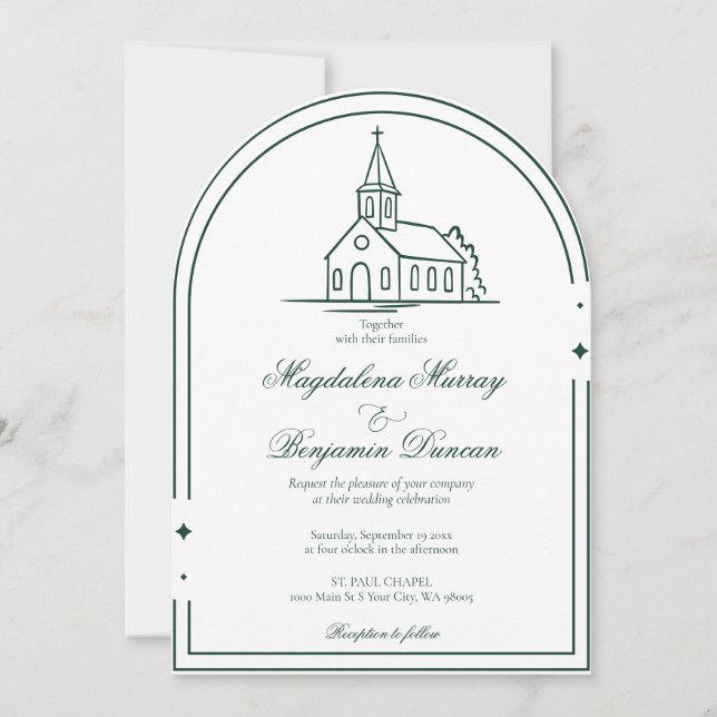 Convite Capela de casamento cristã verde esmeralda escuro (Frente)