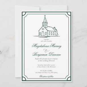 Convite Capela de casamento cristã verde esmeralda escuro