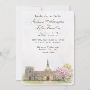 Convite Capela de pedra em aquarela Foto de casamento de p
