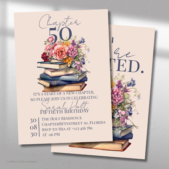 Convite Capítulo 50 Aniversário de Pilha de Livros com Flo (Criador carregado)