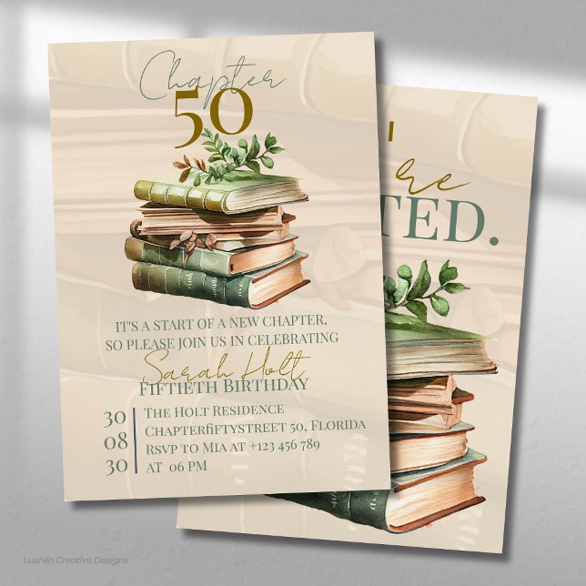 Convite Capítulo 50 Aniversário | Livros Empilhados & Folh (Criador carregado)