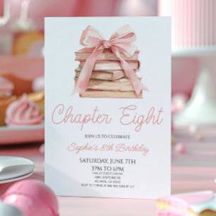 Convite Capítulo Oito Livros com Laço Rosa Festa de Aniver
