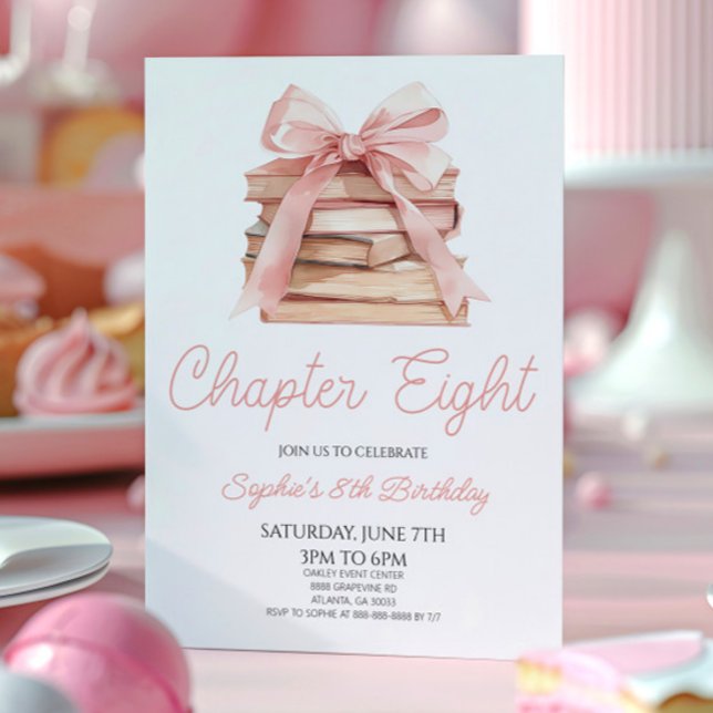 Convite Capítulo Oito Livros com Laço Rosa Festa de Aniver (Criador carregado)
