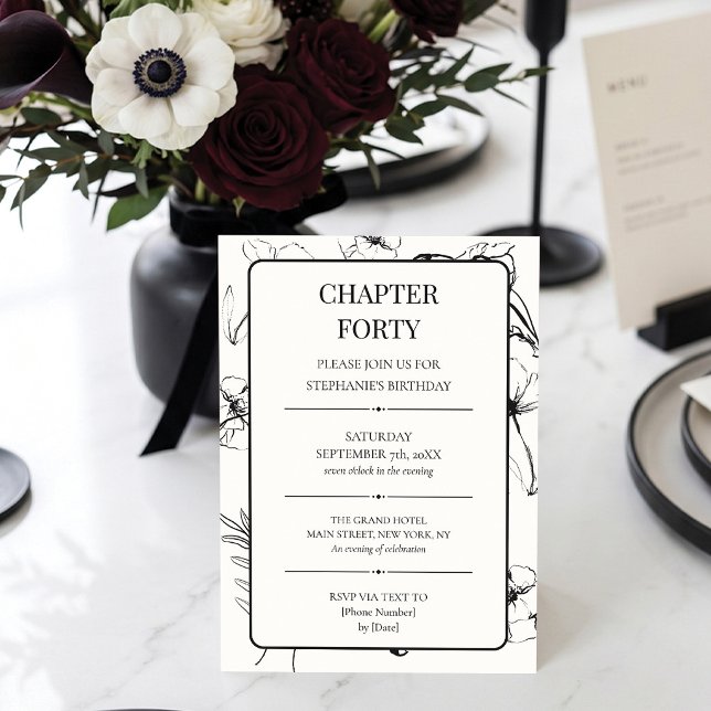 Convite Capítulo Quarenta Preto e Branco 40º Aniversário (Ready for Chapter 40? ✨ Celebrating in style! 🥂)