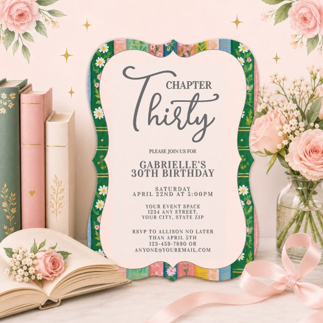Convite Capítulo Trinta Livro de Histórias Florais Anivers (Chapter 30 Book Themed Birthday Invitation)