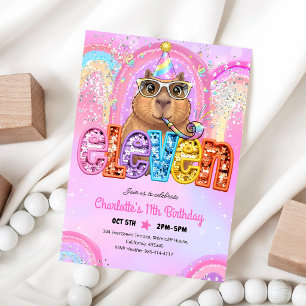 Convite Capivara Préppy Rosa Aniversário de 11 anos