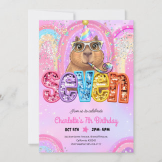 Convite Capivara Préppy Rosa Aniversário de 7 anos