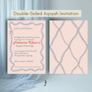 Convite Caprichosas ondas de Rosa Bege e Azul Suave Aqiqah