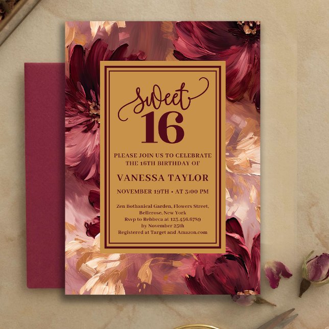Convite Caprichoso Boho Doze Anos em Tom de Borgonha e Ros (Whimsical Sweet Sixteen Burgundy Blush Floral Invite)