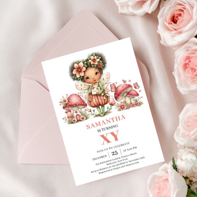 Convite Caprichoso da Fada para o 5º Aniversário c (Whimsical Fairy 5th Birthday Blush Flowers Invitation)