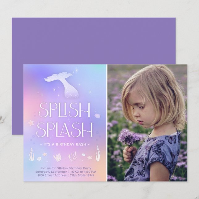 Convite Caprichoso de Sereia Brilhante Splish Spla (Frente/Verso)