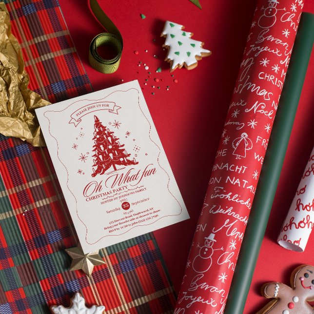 Convite Caprichoso Oh Que Diversão Árvore de Natal Vermelh (Whimsical Oh What Fun Christmas Tree Red Beige Invitation hand drawing stars tree red calligraphy )