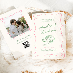 Convite Caprichoso Salve a Data Cor-de-Rosa e Verde Desenh