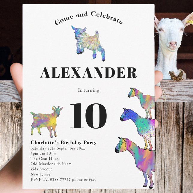 Convite Caprinos Coloridos 10ª Festa de aniversário (Cute Goat themed colorful farm animal art 10th birthday party invitation )