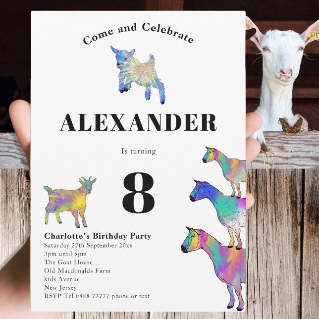 Convite Caprinos cortantes Fazenda Festa de aniversário 8. (Cute goats colorful farm animal watercolor art 8th birthday party invitation)