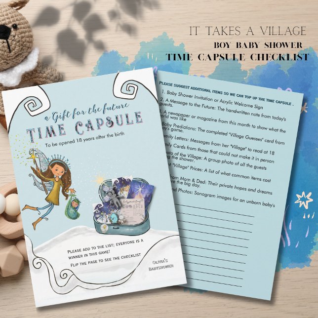 Convite Cápsula do Tempo para Chá de Bebê Azul Sugestão Ch (Blue Baby Shower Time Capsule Sugestion Checklist Invitation)