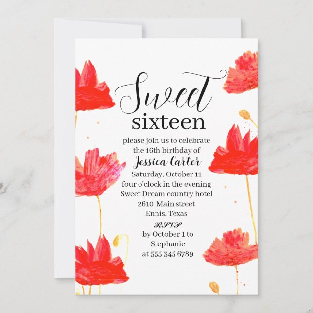 Convite Cápsulas vermelhas de aquarelas Doce 16 Dezesseis (Frente)