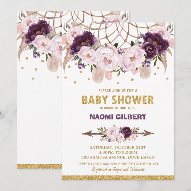 Convite Capturador de Sonhos Floral Baby Shower Menina Ros (Frente/Verso)