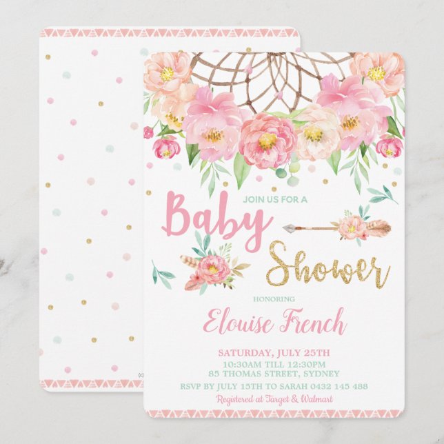 Convite Capturador de Sonhos Menina Rosa Boho Chá de Bebê (Frente/Verso)
