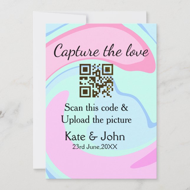 Convite Capture o amor adicione QR scan mármore rosa azul  (Frente)