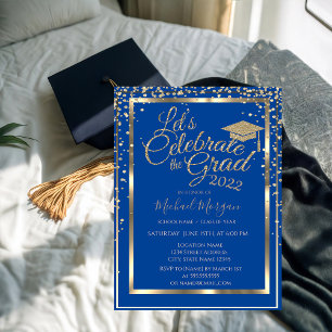 Convite Capuz de Graduação Dourado Diamantes Azul Graduaçã