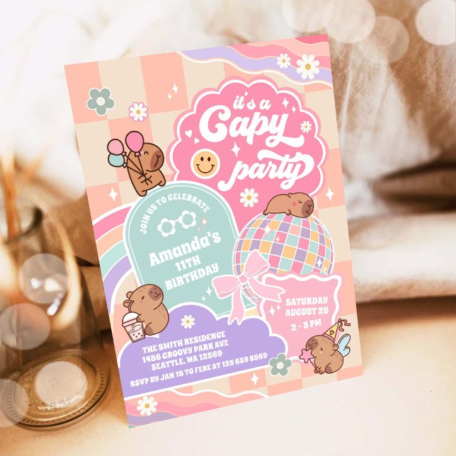 Convite Capy Party Cloud Rainbow Disco Birthday Invitation (Criador carregado)