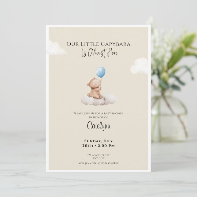 Convite Capybara Baby Shower Invitation Cloud and Balloon (Em pé/Frente)