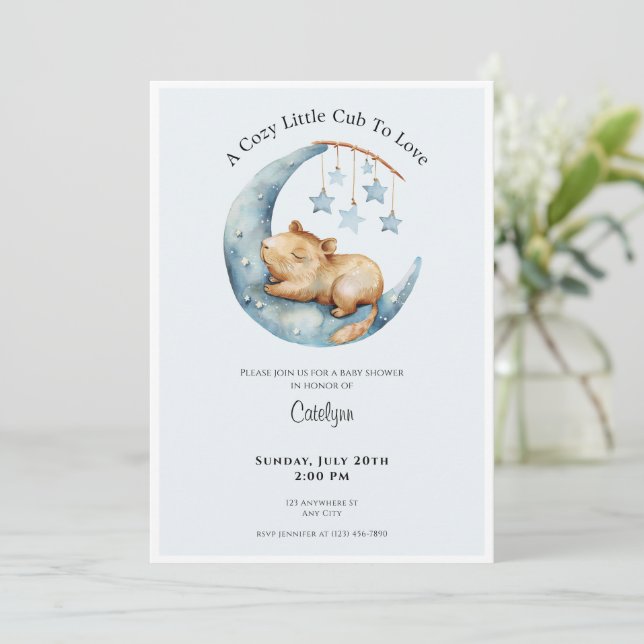 Convite Capybara Baby Shower Invitation Cozy Moon Cub (Em pé/Frente)