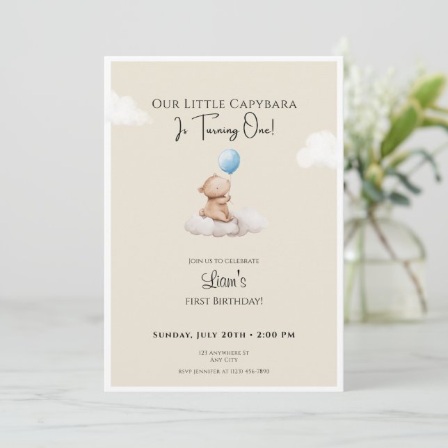 Convite Capybara Birthday Invitation Cloud and Balloon (Em pé/Frente)