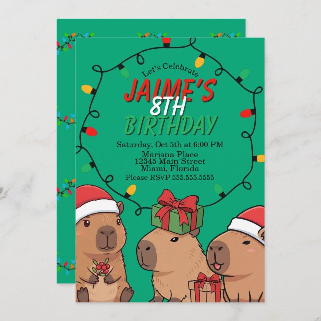 Convite Capybara Christmas Lights Birthday Party  (Frente/Verso)