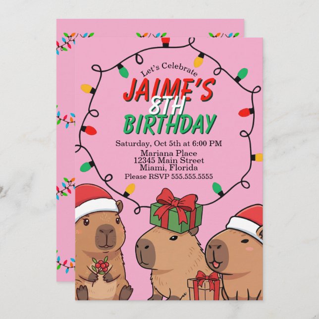 Convite Capybara Christmas Lights Birthday Party  (Frente/Verso)