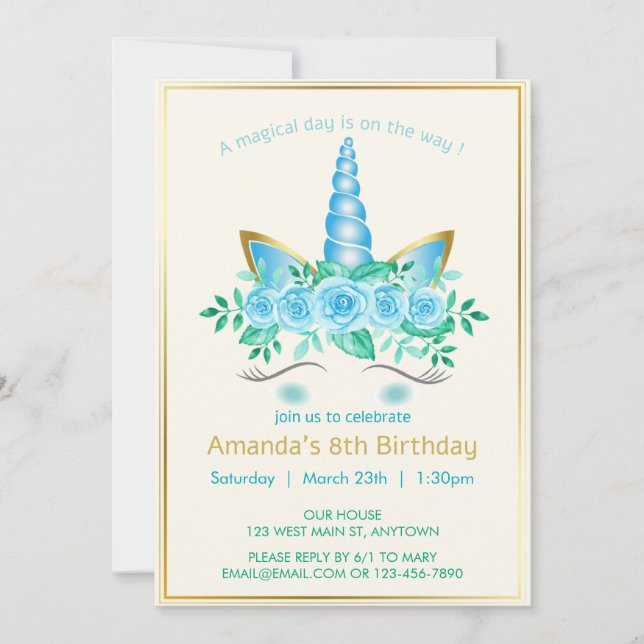 Convite Cara de unicórnio elegante com aniversário de meni (Frente)