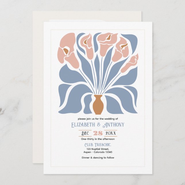 Convite Caramel & Dusty Blue Abstract Floral Boho Wedding (Frente/Verso)