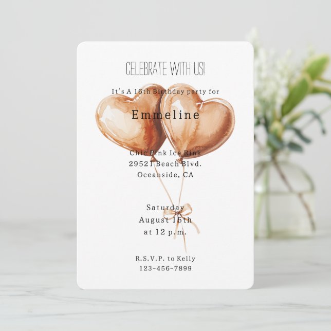 Convite Caramel Heart Balloons Birthday (Em pé/Frente)