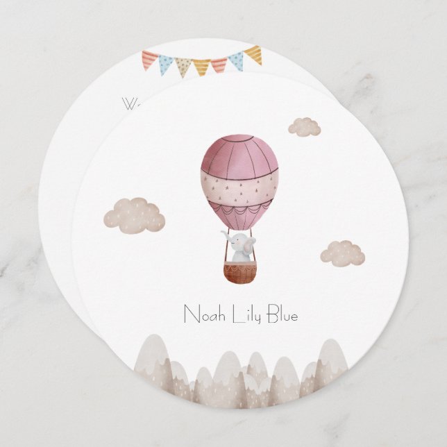 Convite Card (Circle) - Birth Announcement Elephant (Frente/Verso)
