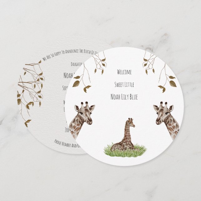 Convite Card (Circle) - Birth Announcement Giraffe (Frente/Verso)