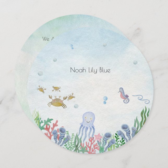 Convite Card (Circle) - Birth Announcement Ocean (Frente/Verso)