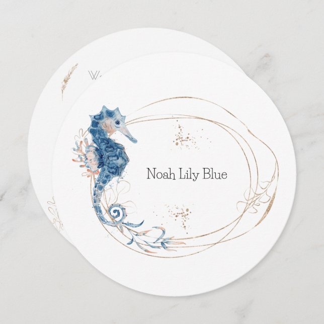 Convite Card (Circle) - Birth Announcement Ocean Kaart (Frente/Verso)