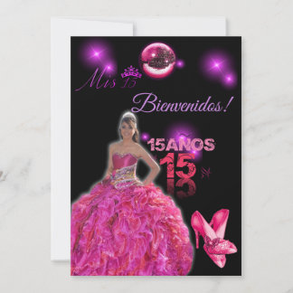 Convite card of 15 black with fuxia bienvenidos