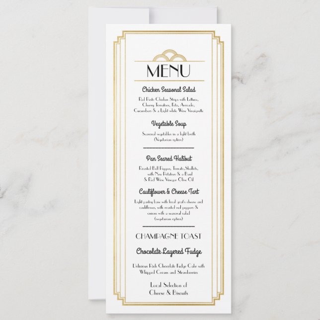 Convite Cardápio Art Deco Dourado Branco Recepção de Casam (Frente)