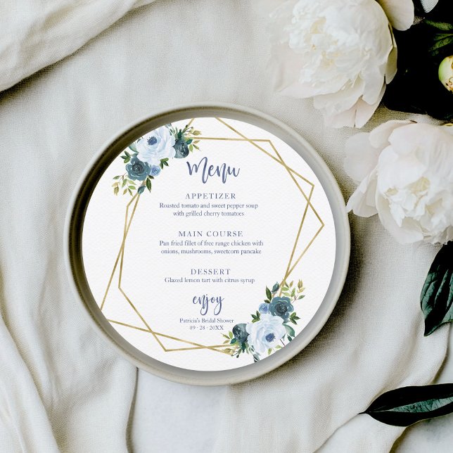 Convite Cardápio Circular de Chá de Bebê Floral em Azul Em (Criador carregado)
