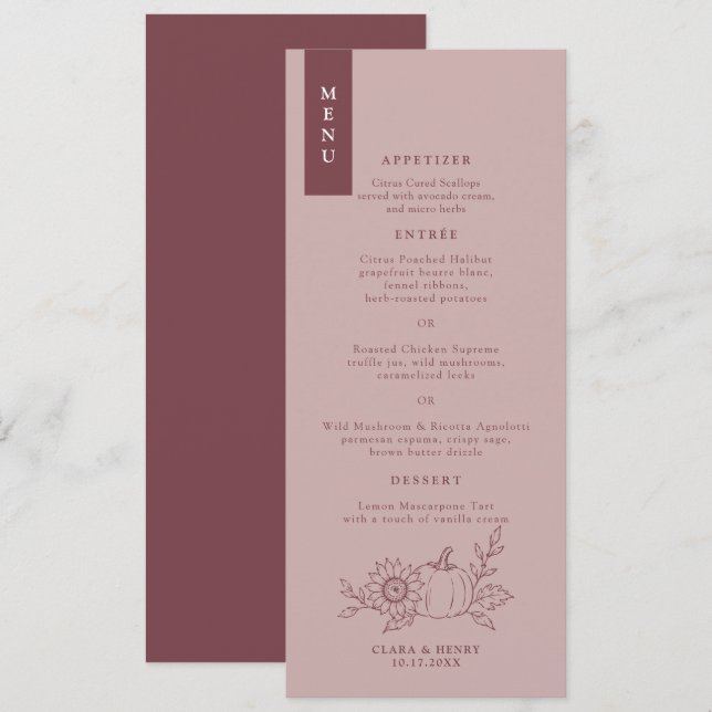 Convite Cardápio de Casamento Abóbora Comprido em Rosa Emp (Frente/Verso)