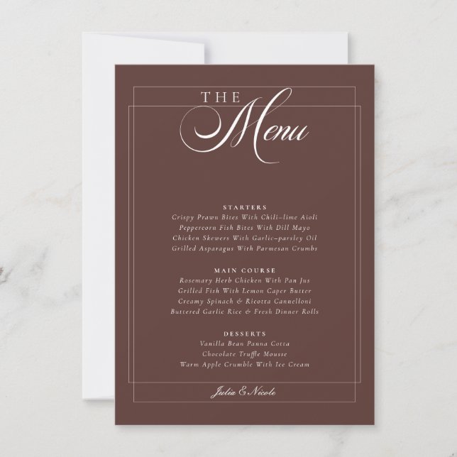 Convite Cardápio de Casamento Caligrafia Marrom Chocolate  (Frente)
