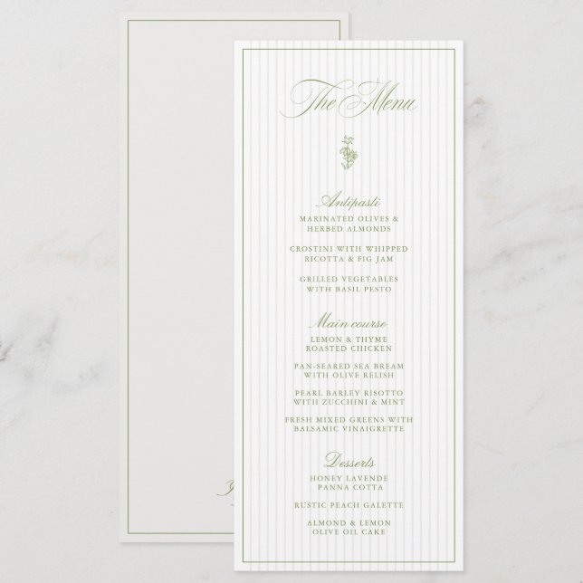 Convite Cardápio de Casamento Clássico em Listras Verde-Sa (Frente/Verso)
