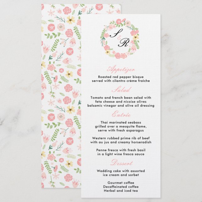 Convite Cardápio de Casamento com Coroa Floral Monograma (Frente/Verso)