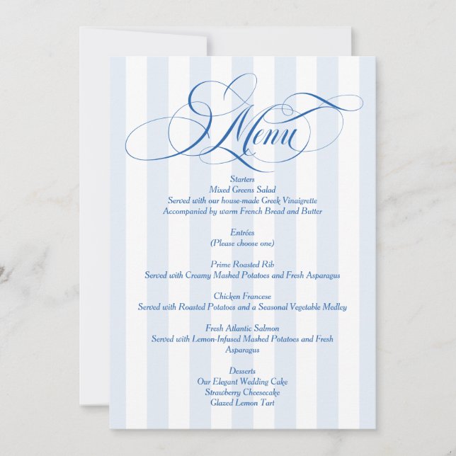 Convite Cardápio de casamento com escrita elegante listrad (Frente)